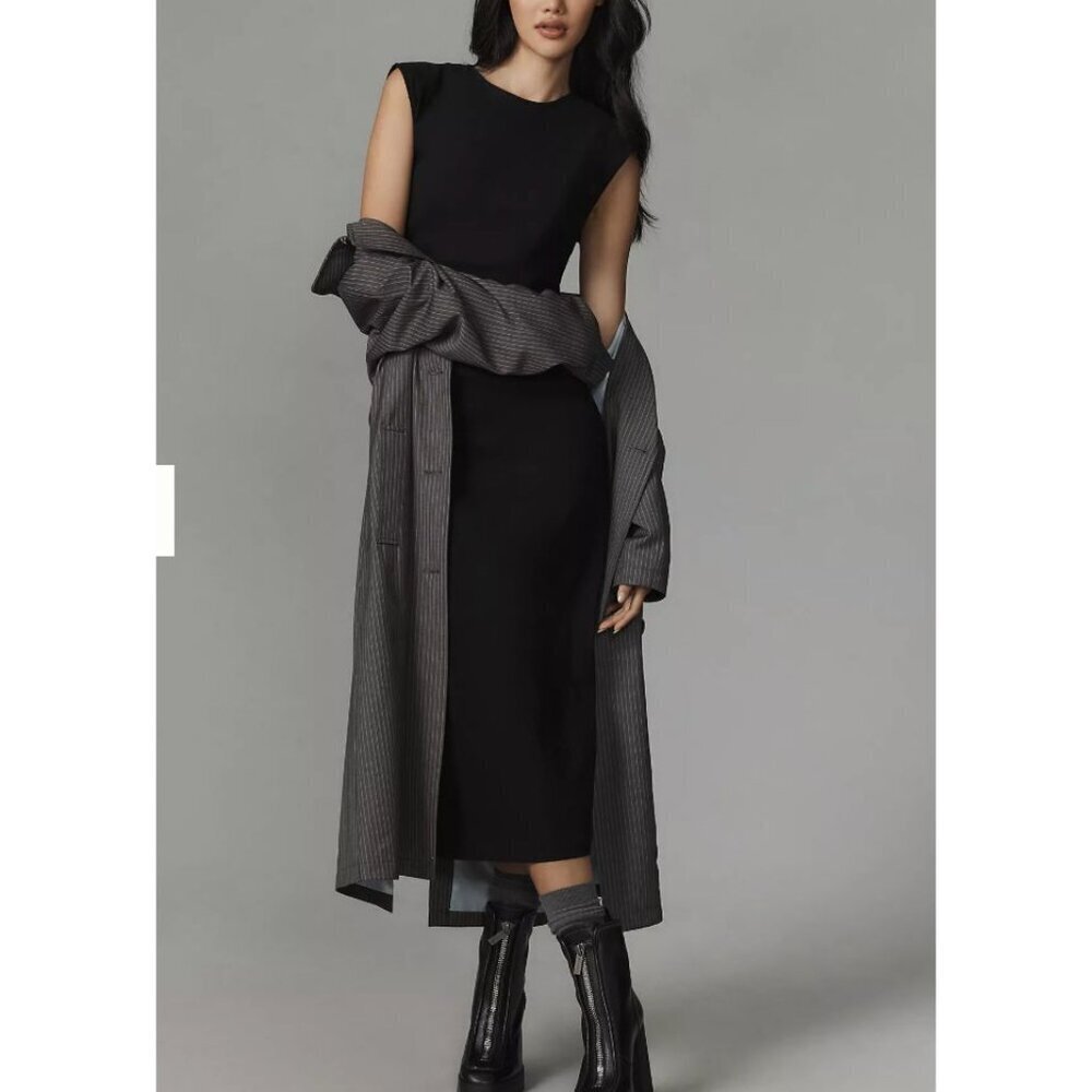 Anthropologie NWT Maeve Cap-Sleeve Slim Midi Dress in Black Size Large